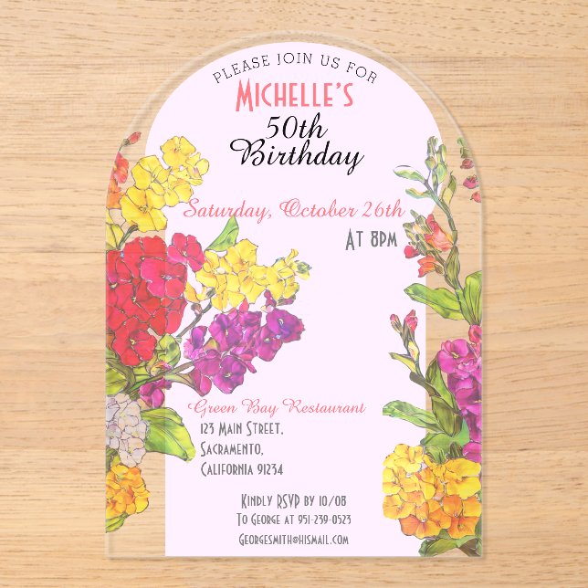 Invitations En Acrylique Fleurit 50e anniversaire transparent chic (Recto)