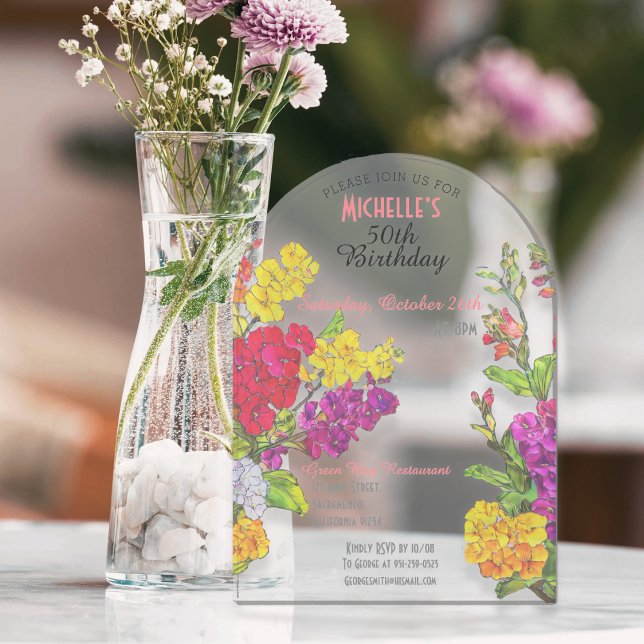 Invitations En Acrylique Fleurit 50e anniversaire transparent chic (Créateur téléchargé)