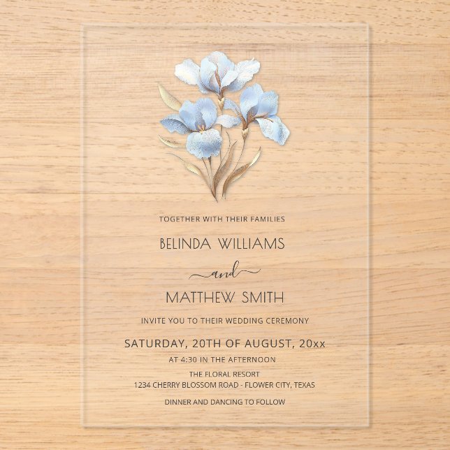 Invitations En Acrylique Fleurs 3D Bleu Or  (Recto)