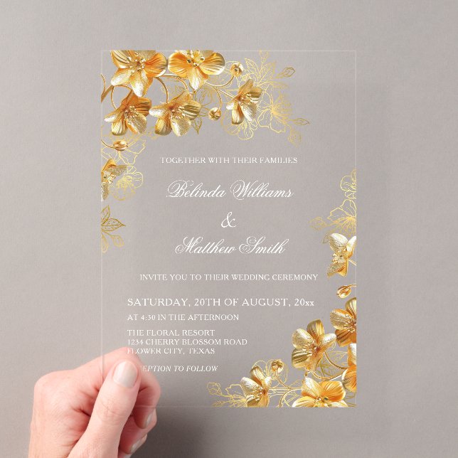 Invitations En Acrylique Fleurs 3D en or transparentes (In situ (ordinateur de poche))