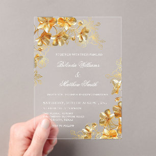 Invitations En Acrylique Fleurs 3D en or transparentes