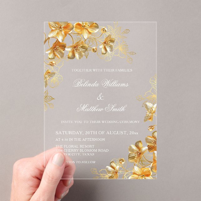 Invitations En Acrylique Fleurs 3D en or transparentes (In situ (ordinateur de poche))