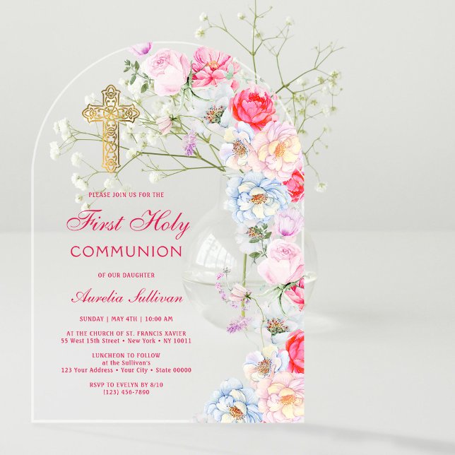 Invitations En Acrylique Fleurs à l'aquarelle Arche Première Communion (Créateur téléchargé)