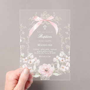 Invitations En Acrylique fleurs à ruban rose cadre Baptême