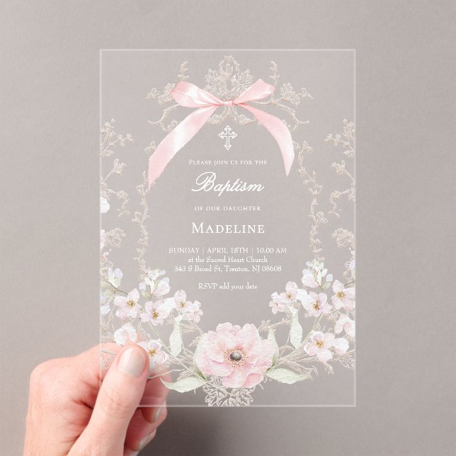 Invitations En Acrylique fleurs à ruban rose cadre Baptême (In situ (ordinateur de poche))