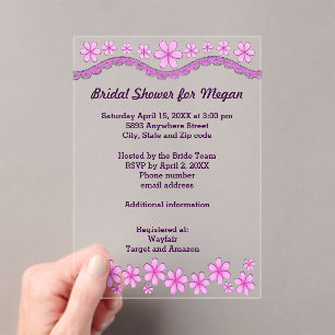 Invitations En Acrylique Fleurs à six pétales roses et violettes pour la do