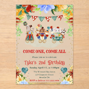 Invitations En Acrylique Fleurs Aquarelle Animaux de Cirque Anniversaire En