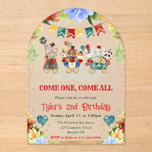 Invitations En Acrylique Fleurs Aquarelle Animaux de Cirque Anniversaire En