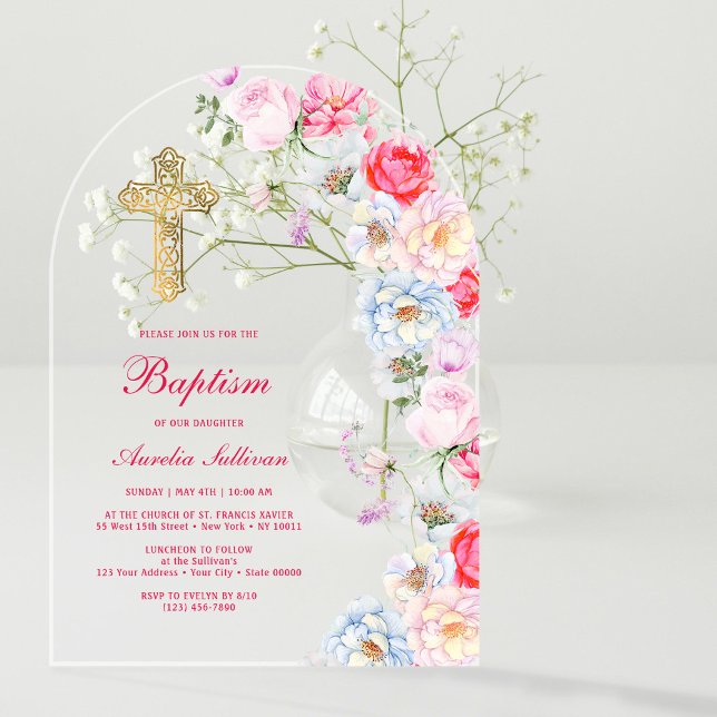 Invitations En Acrylique Fleurs Aquarelle Arche Baptême (Créateur téléchargé)