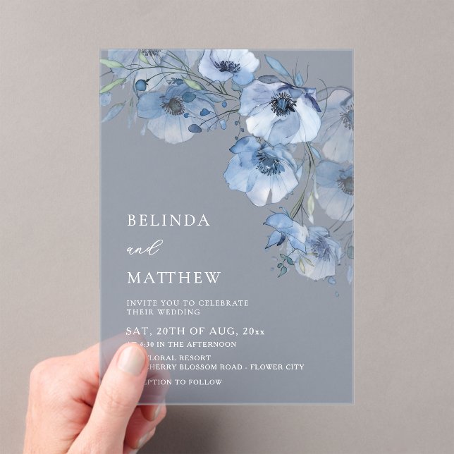 Invitations En Acrylique Fleurs aquarelle bleue Blanc (In situ (ordinateur de poche))