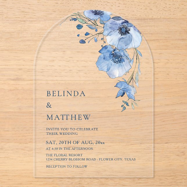 Invitations En Acrylique Fleurs aquarelle bleue Blanche (Recto)