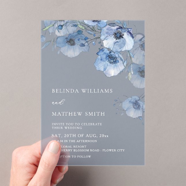 Invitations En Acrylique Fleurs aquarelle bleue Blanche (In situ (ordinateur de poche))