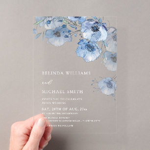 Invitations En Acrylique Fleurs aquarelle bleue Blanche