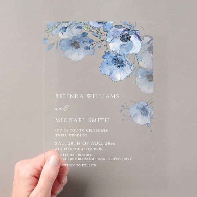 Invitations En Acrylique Fleurs aquarelle bleue Blanche (In situ (ordinateur de poche))