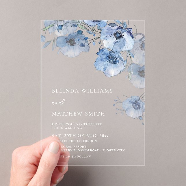 Invitations En Acrylique Fleurs aquarelle bleue Blanche (In situ (ordinateur de poche))