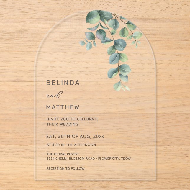 Invitations En Acrylique Fleurs Aquarelle Feuilles Arche Claire (Recto)