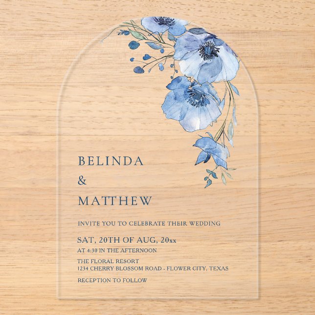 Invitations En Acrylique Fleurs aquarelles bleues blanches (Recto)