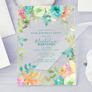 Invitations En Acrylique Fleurs aquarelles estivales 50e anniversaire Clair
