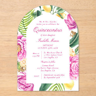 Invitations En Acrylique Fleurs aquarelles Pivoines Tulipes Citron Quinceañ
