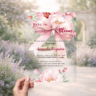 Invitations En Acrylique Fleurs bébé fleurissent ruban rose clair Baby Show