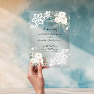 Invitations En Acrylique Fleurs blanches 10e anniversaire de mariage