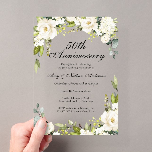 Invitations En Acrylique Fleurs blanches 50e anniversaire de mariage (In situ (ordinateur de poche))