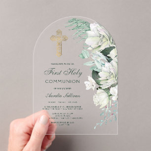 Invitations En Acrylique Fleurs blanches Arc de verdure Première communion