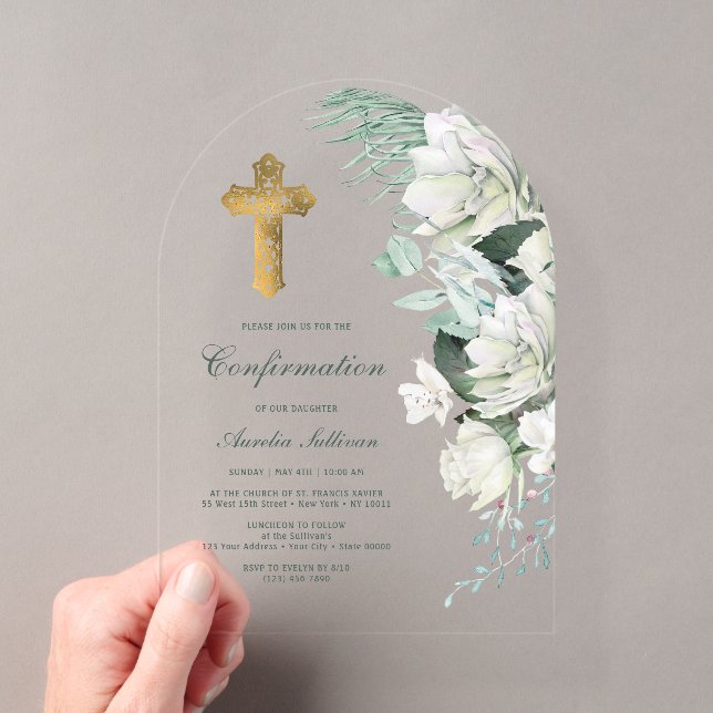 Invitations En Acrylique Fleurs Blanches Arche de Verdure Confirmation (In situ (ordinateur de poche))