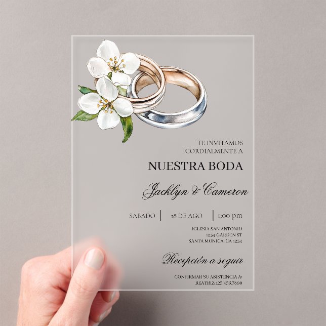 Invitations En Acrylique Fleurs blanches avec alliance Mariage espagnol (In situ (ordinateur de poche))
