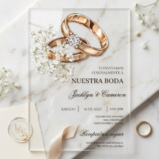 Invitations En Acrylique Fleurs blanches avec alliance Mariage Espagnol