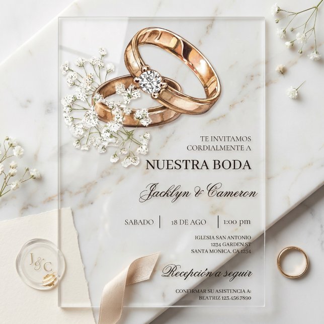 Invitations En Acrylique Fleurs blanches avec alliance Mariage Espagnol (Créateur téléchargé)