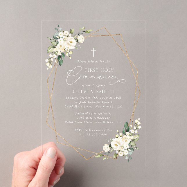Invitations En Acrylique Fleurs Blanches Crème, Bohème, Première Communion  (In situ (ordinateur de poche))