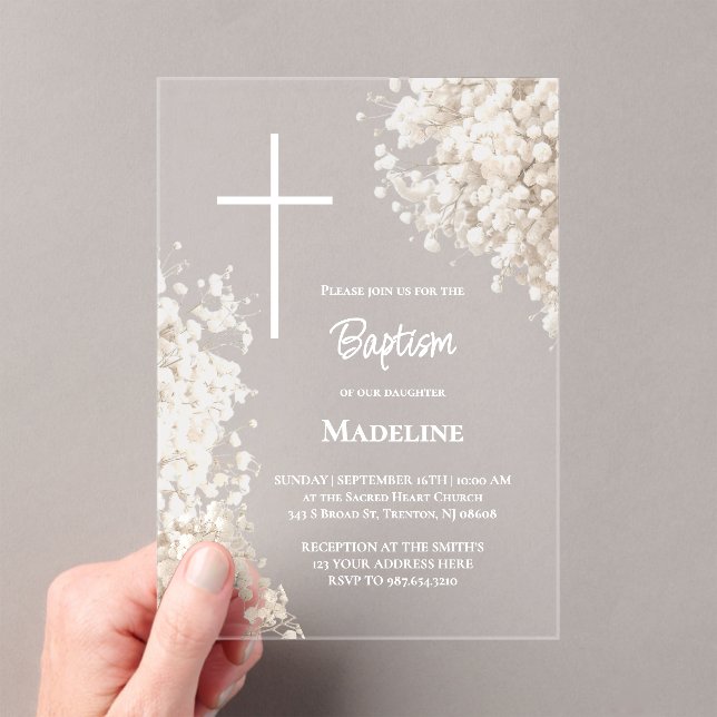 Invitations En Acrylique Fleurs blanches de Gypsophile Baptême (In situ (ordinateur de poche))