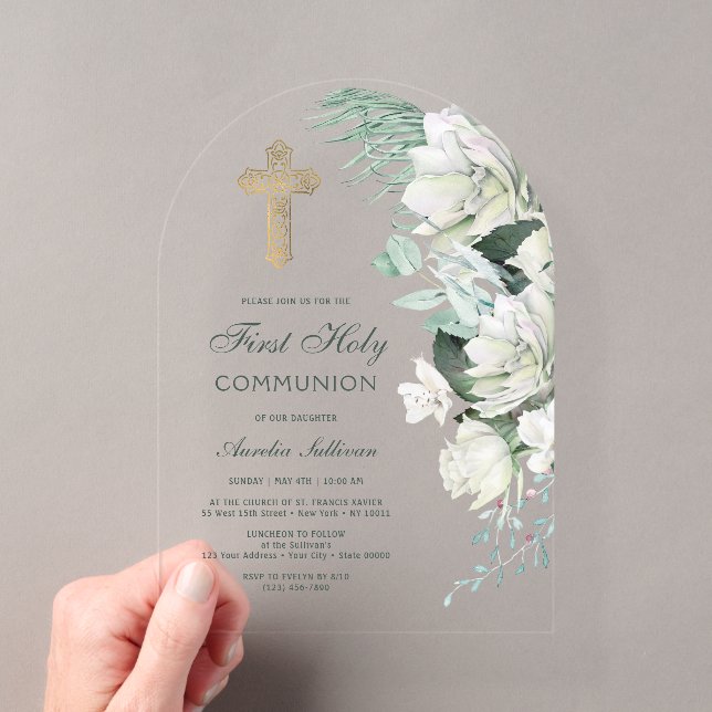 Invitations En Acrylique Fleurs Blanches de Verdure Arche Première Communio (In situ (ordinateur de poche))
