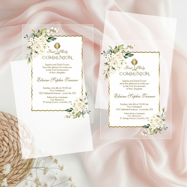 Invitations En Acrylique Fleurs blanches délicates Gold Girl Holy Communion (Créateur téléchargé)
