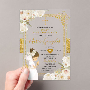 Invitations En Acrylique Fleurs blanches d'or Fille première sainte communi