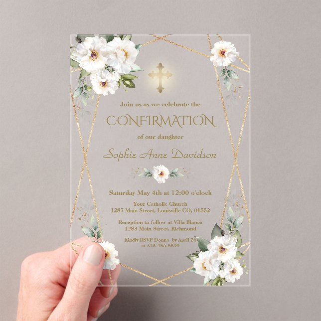 Invitations En Acrylique Fleurs Blanches Élégantes Croix d'Or Confirmation (In situ (ordinateur de poche))