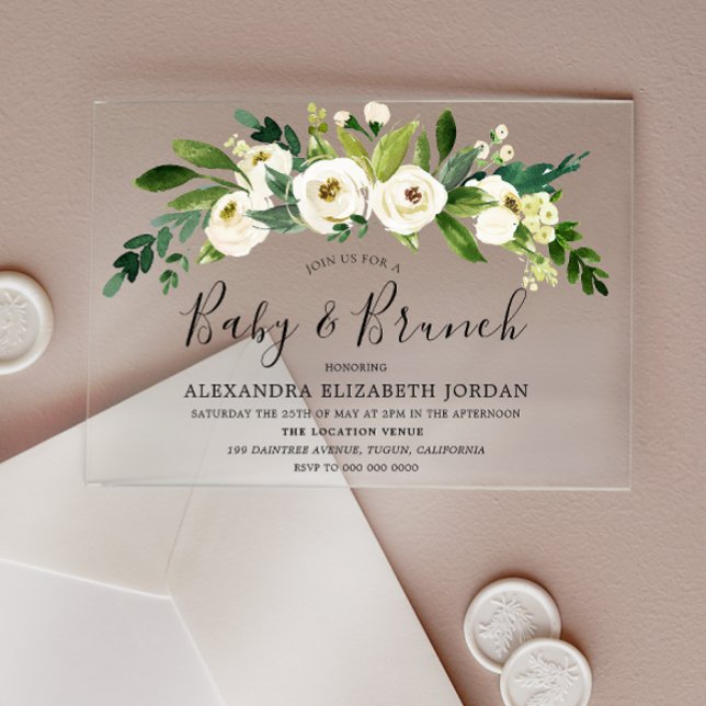 Invitations En Acrylique Fleurs Blanches en Fleur Baby Shower & Brunch (Créateur téléchargé)