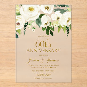 Invitations En Acrylique Fleurs blanches et crème 60e anniversaire de Maria
