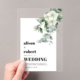 Invitations En Acrylique Fleurs blanches, eucalyptus et mariage à cadre