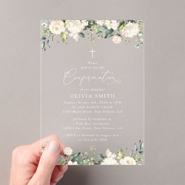 Invitations En Acrylique Fleurs blanches, Fleurs crème, Bohème, Confirmatio (In situ (ordinateur de poche))