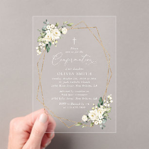 Invitations En Acrylique Fleurs blanches, Fleurs crème, Bohème, Confirmatio