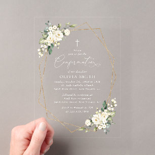 Invitations En Acrylique Fleurs blanches, Fleurs crème, Bohème, Confirmatio