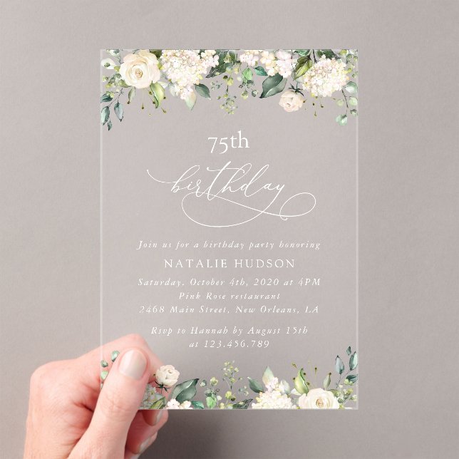 Invitations En Acrylique Fleurs blanches, Fleurs crème, Boho, Anniversaire (In situ (ordinateur de poche))