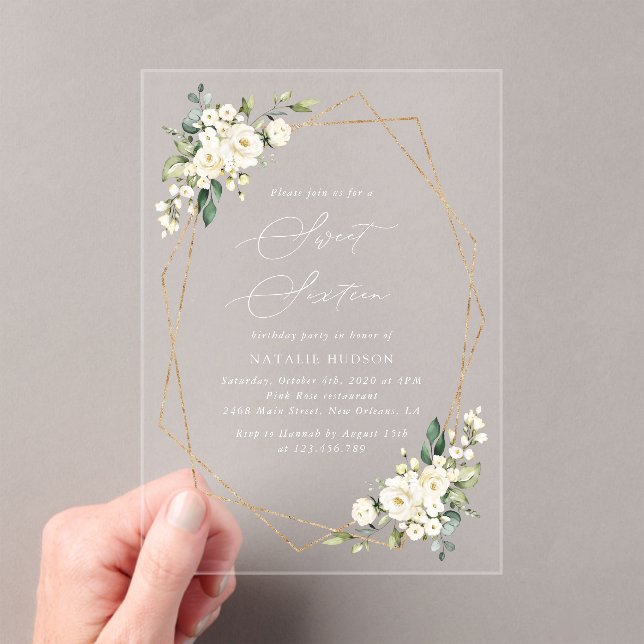 Invitations En Acrylique Fleurs blanches, Fleurs de crème, Boho, Sweet 16 (In situ (ordinateur de poche))