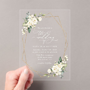 Invitations En Acrylique Fleurs blanches, Fleurs de crème, Verdure, Mariage