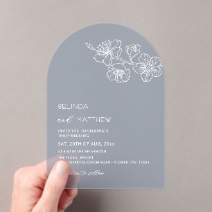 Invitations En Acrylique Fleurs blanches mariage casual bleu poussiéreux