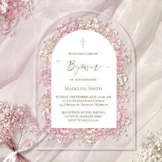 Invitations En Acrylique fleurs blanches roses aquarelle Baptême
