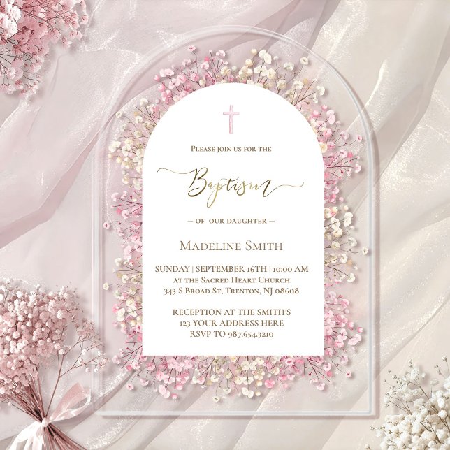 Invitations En Acrylique fleurs blanches roses aquarelle Baptême (Créateur téléchargé)
