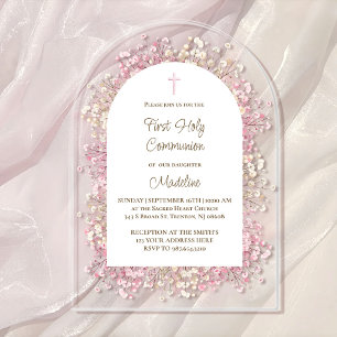 Invitations En Acrylique fleurs blanches roses aquarelle Première Communion